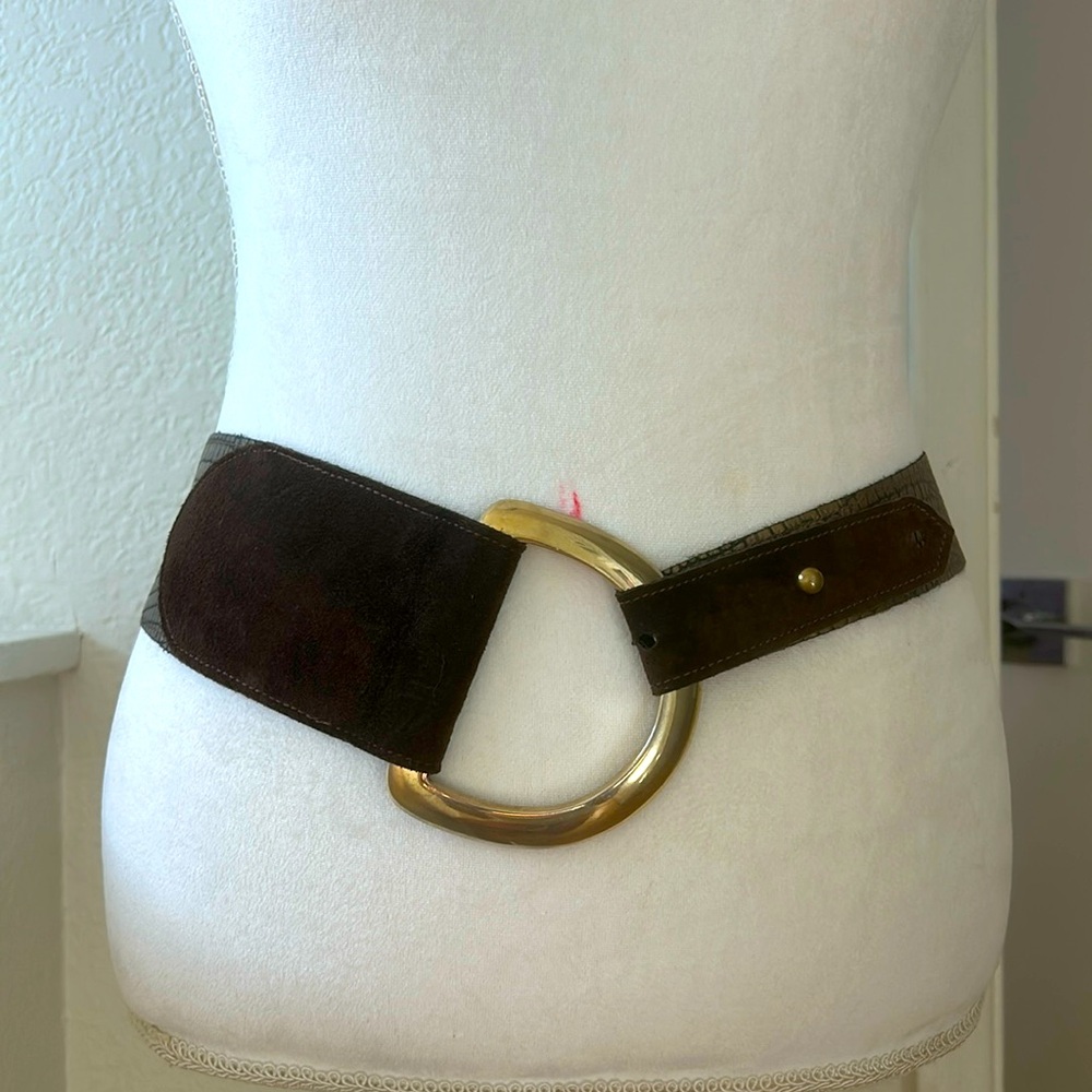 Brown Leather Suede Belt with large gold buckle
